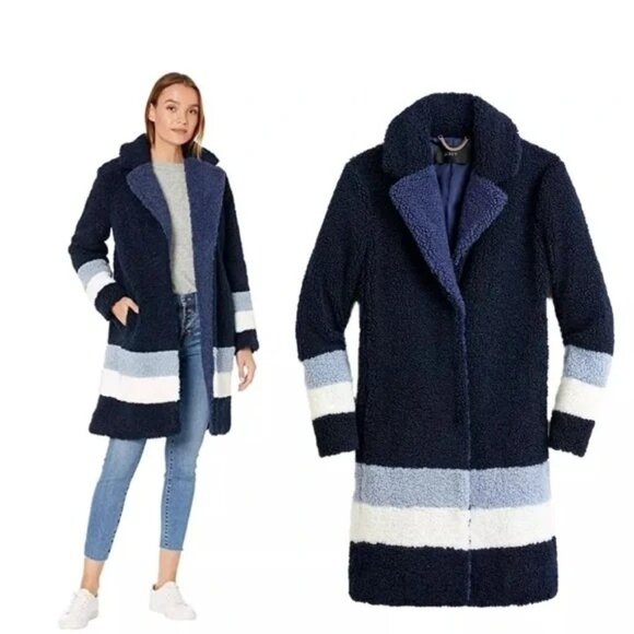 J Crew Womens Blue White Colorblock Teddy Sherpa Coat 3X Boucle Preppy Old Cozy - Picture 1 of 12